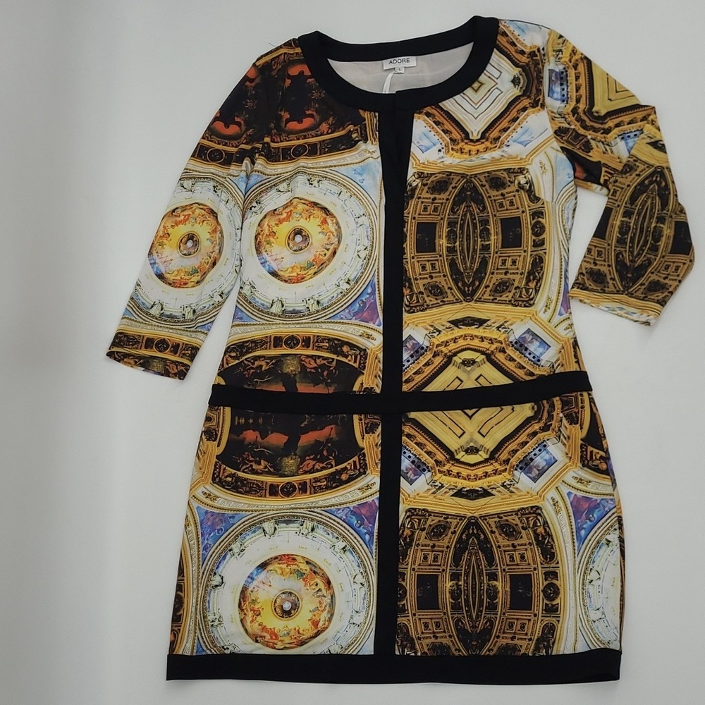 Adore Architecture Print Shift Dress Renaissance Ceiling Art 3/4 Sleeve Large